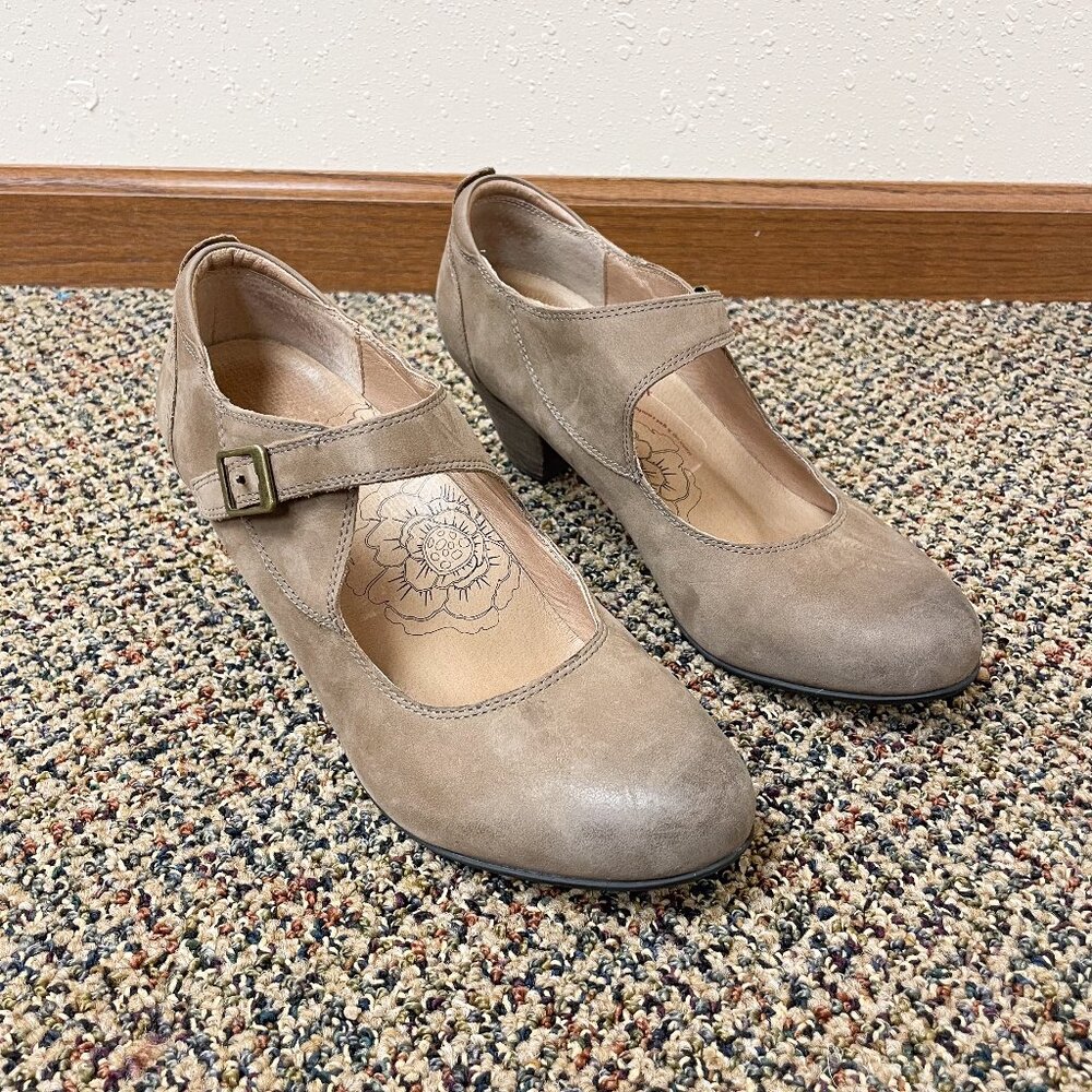 Taos Tan Suede Leather Mary Jane Heels